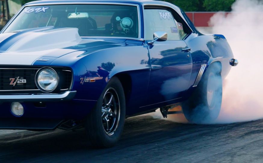 Summit Racing Equipment classic Camaro muscle dragster launch with smoking tires